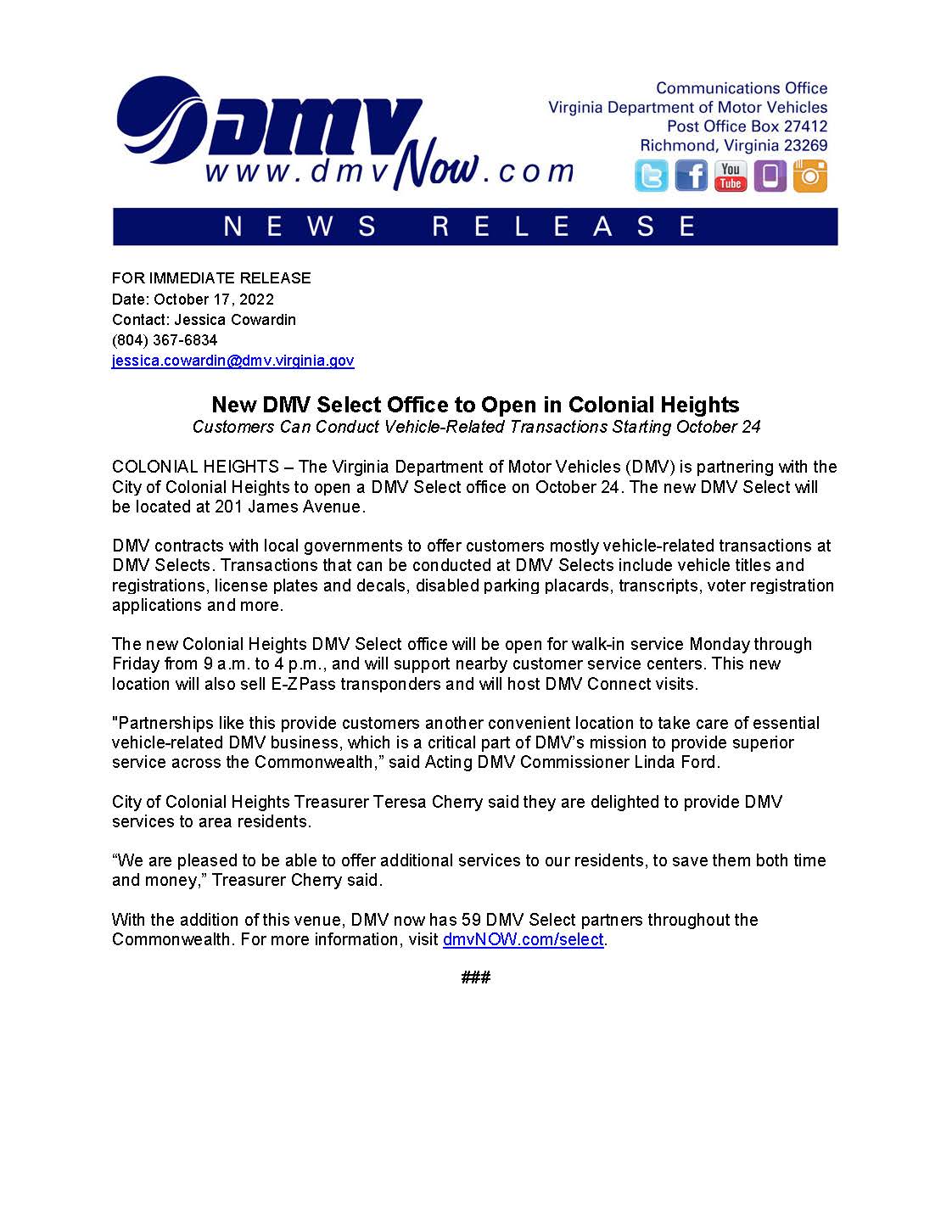 Colonial Heights DMV Select news release 10.17.22